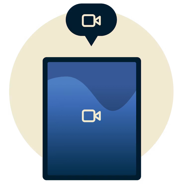 Telefonda görüntülü sohbet: Üzerinde bir video simgesi gösteren bir konuşma balonu bulunan bir video simgesi gösteren tablet.