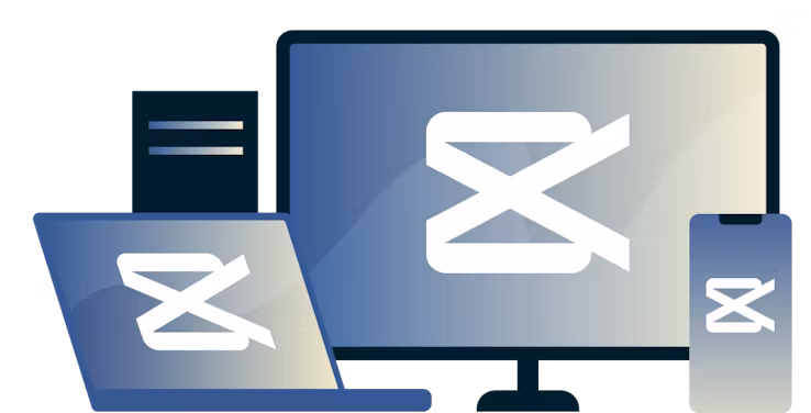 A desktop, laptop, and smartphone with the CapCut logo.