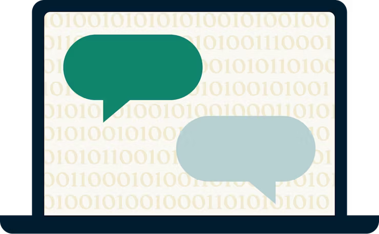 Binär kod och pratbubblor på en laptopskärm.