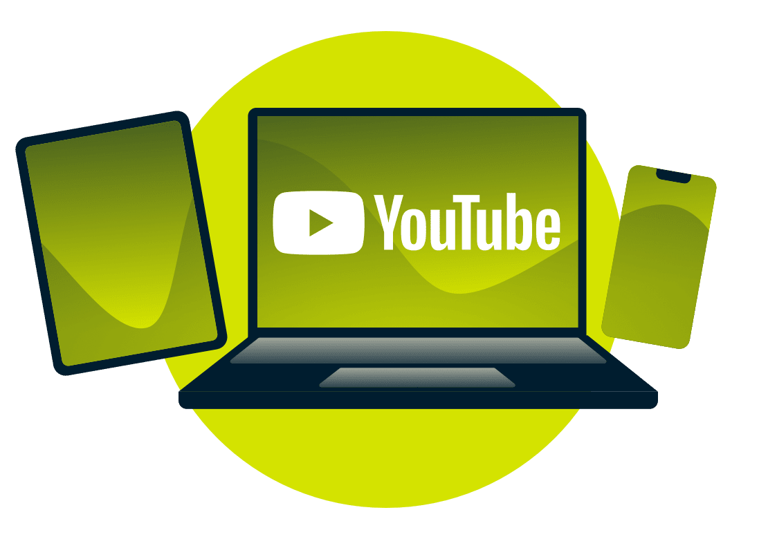En bærbar computer, en tablet og en telefon med YouTube-logoet.