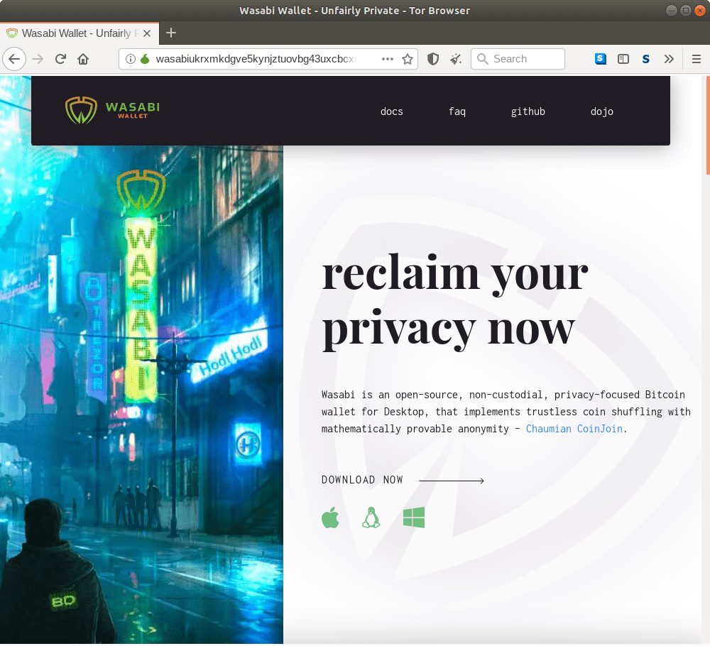 Homepage Onion di Wasabi Wallet.