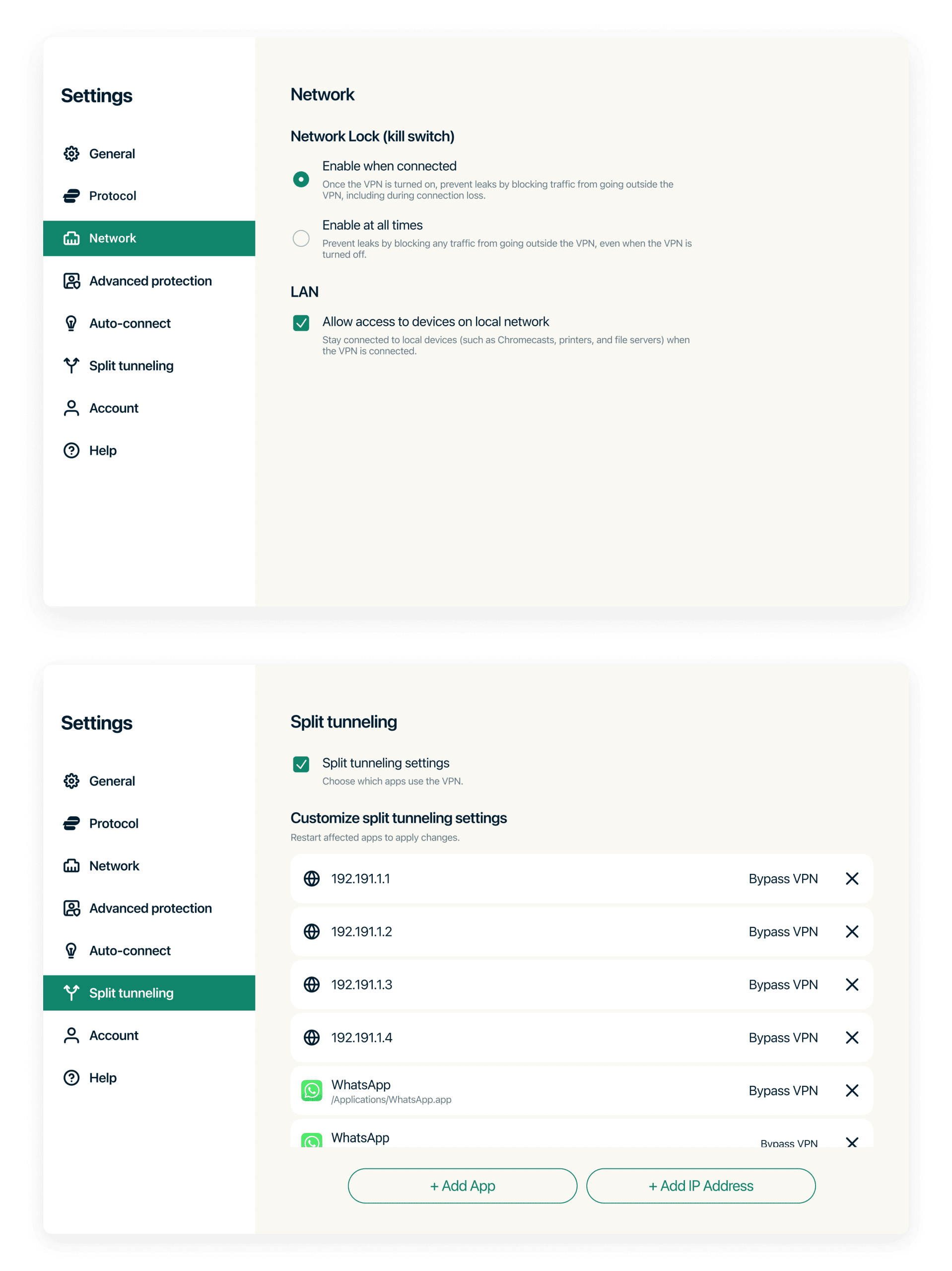 Screenshots of the split tunneling and network lock features on the ExpressVPN Linux GUI app