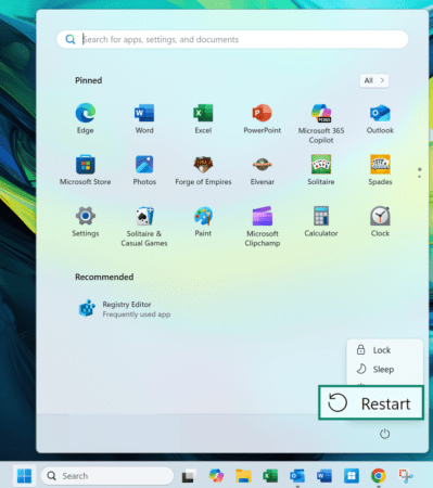 Screenshot showing the Start Menu open, with the Restart button selected.