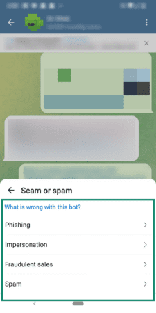 Phone screen showing how to select the relevant option when reporting a scam on Telegram.