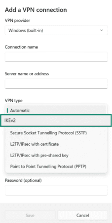The VPN setup window on Windows, showing IKEv2 as a selectable protocol.