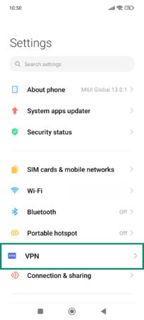 Android Settings page showing the VPN option