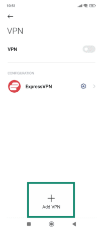 Android VPN settings with the Add VPN button highlighted