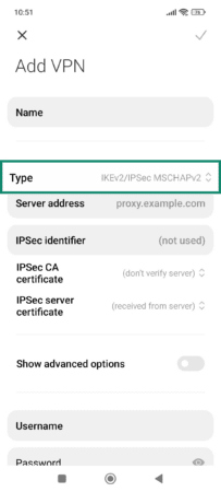Android Add VPN options, with VPN protocol type highlighted