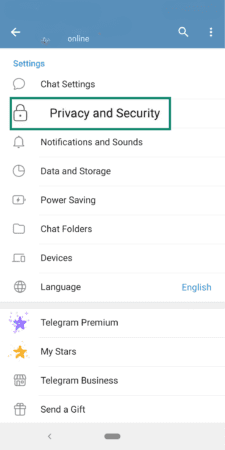 Phone screen showing Telegram Privacy and Securty setting.