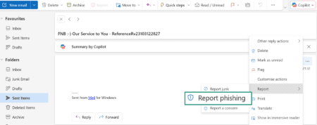A screenshot showing the steps to report a phishing email in Outlook.