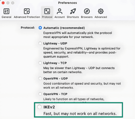 The Protocols tab of the ExpressVPN Preferences menu, showing the IKEv2 option.