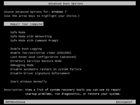 Screenshot showing the advanced boot options with Safe mode in Windows