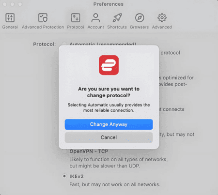 The ExpressVPN protocol change screen, with the Change Anyway button highlighted.