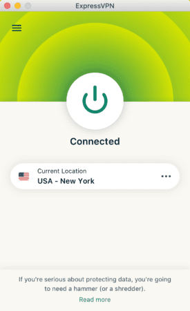 The ExpressVPN Mac client, showing an established VPN connection.