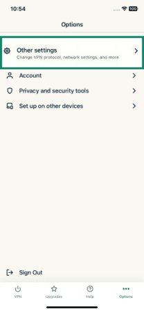 The Options screen of the ExpressVPN iOS app, showing the Other settings button.