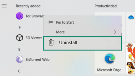 Right-click menu on Windows with the “Uninstall” option selected for Tor Browser.