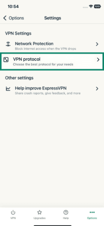 The VPN Settings page of the ExpressVPN iOS client, showing the VPN protocol option.
