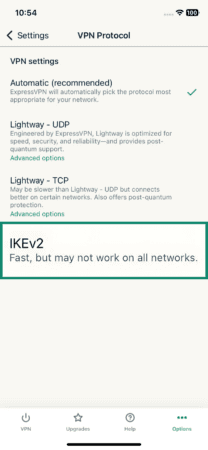 The Protocol page of the ExpressVPN iOS app, showing the IKEv2 option.