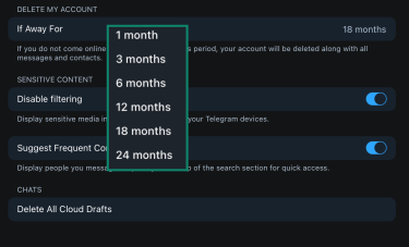 Choosing Telegram's self-destruct timer.
