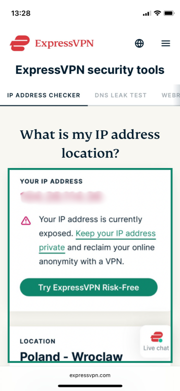 The ExpressVPN IP checker opened on the iPhone Safari browser, which shows a public IP address and location.