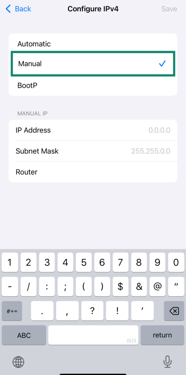 Configure IPv4 settings manually on iOS.