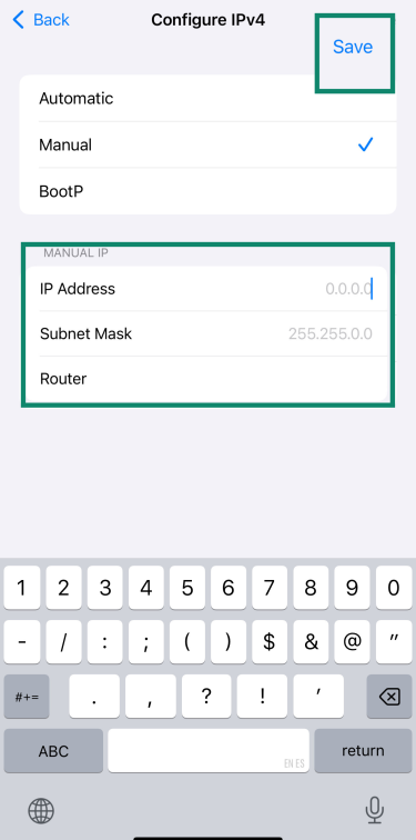 Manual IPv4 setup on iPhone showing IP, subnet, and router.
