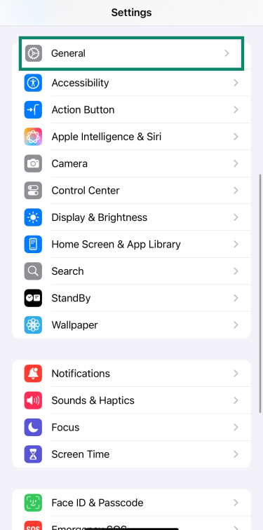 Settings app on iPhone showing the General menu option.