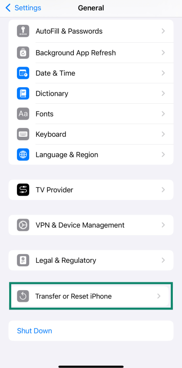 Settings app showing the Transfer or Reset iPhone option in the General menu.