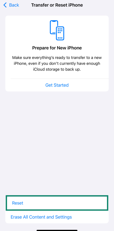 Settings app shows the Transfer or Reset iPhone screen with options to reset or erase all content.