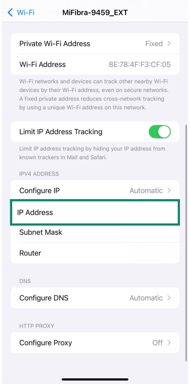 WiFi network options on iPhone with IP address and router info
