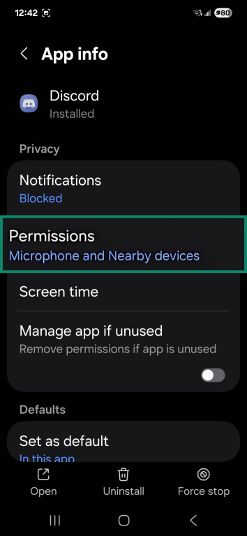 Discord App info highlighting Permissions.