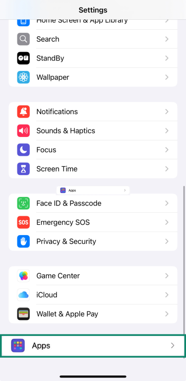 iPhone Settings menu highlighting Apps.