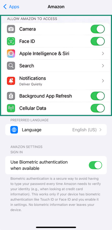 Managing the Amazon app permissions on iPhone.