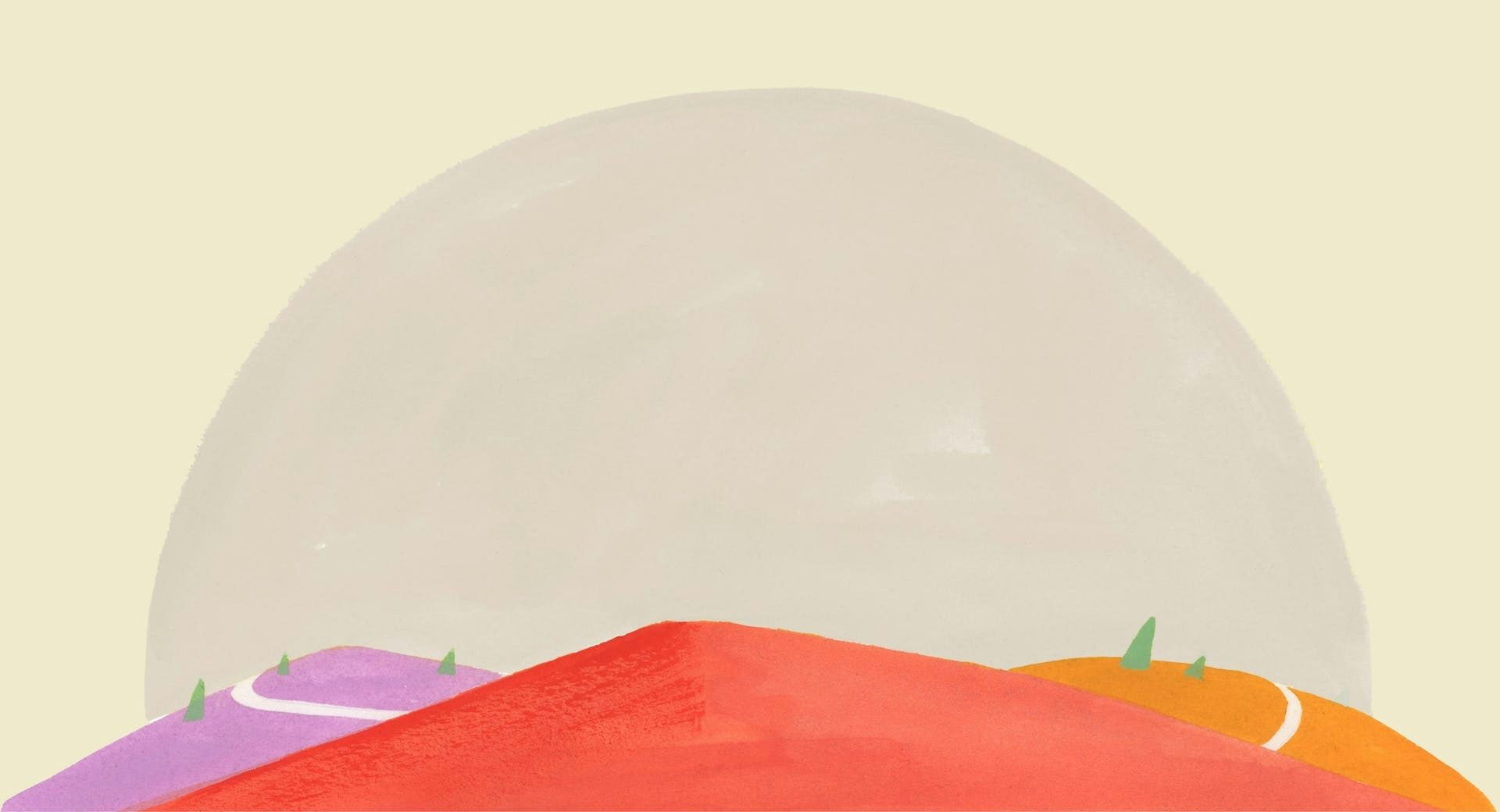 Illustration ExpressVPN de chemins colorés menant à une colline, symbolisant des connexions Internet sûres, rapides et mondiales.